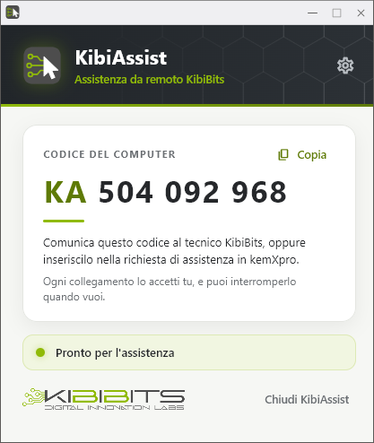 La finestra di KibiAssist con il codice del computer e lo stato «Pronto per l'assistenza»